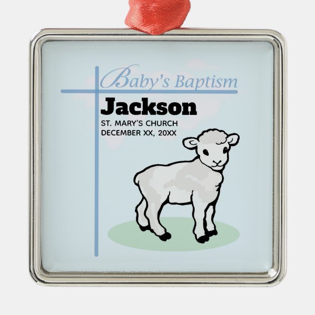 Baptism Blue Boy Lamb, Customisable Metal Tree Decoration (Front)