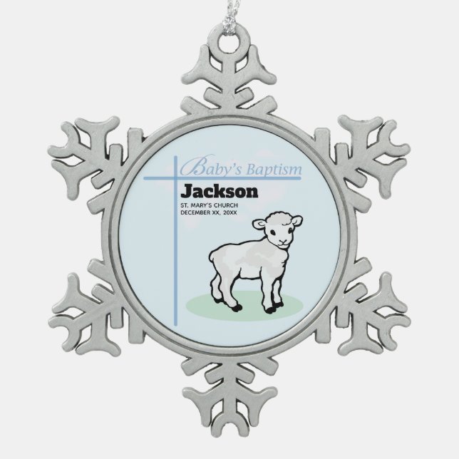 Baptism Blue Boy Lamb, Customisable Snowflake Pewter Christmas Ornament (Front)