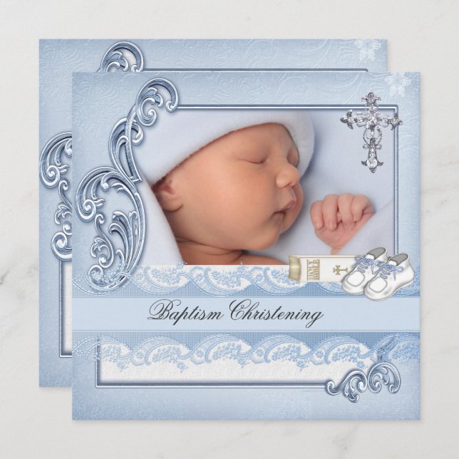 Baptism Blue Cross Boy damask christening Invitation (Front/Back)