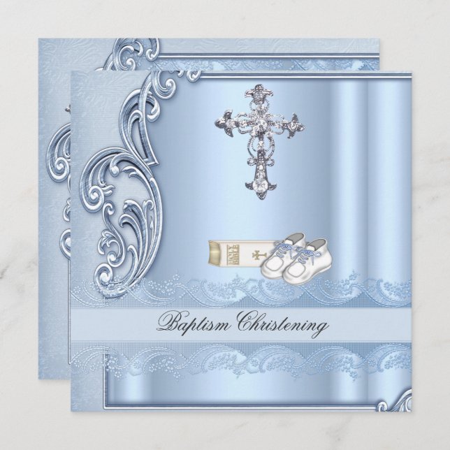 Baptism Blue Cross Boy damask christening Invitation (Front/Back)