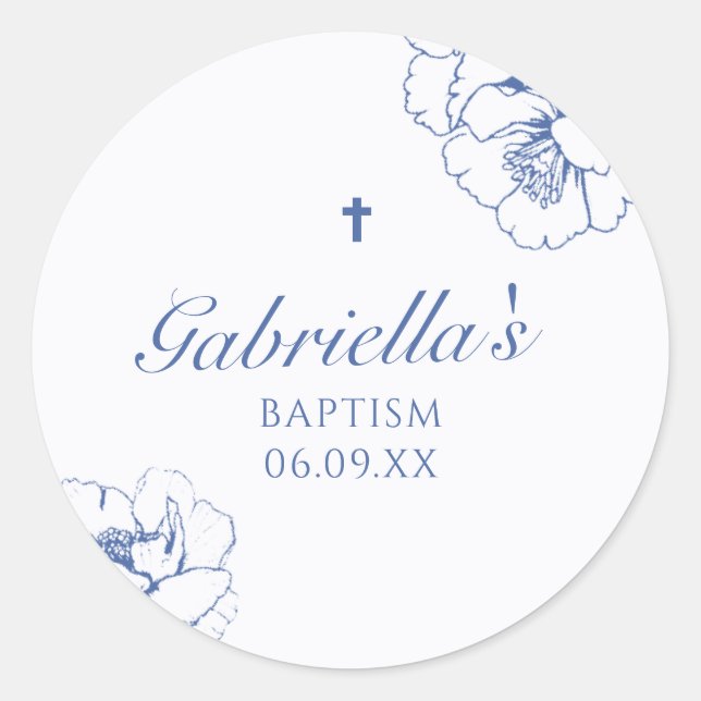 Baptism Blue Floral Botanical Classic Round Sticker (Front)