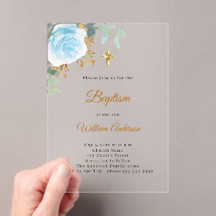 Baptism blue floral boy gold cross clear luxury acrylic invitations