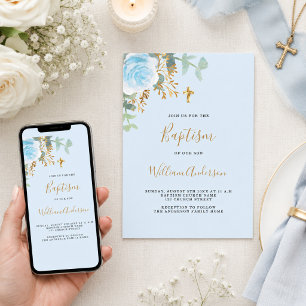 Baptism blue floral boy gold cross invitation