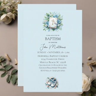 Baptism Blue Floral Cross and Bible Boys Invitation