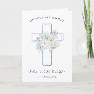 Baptism Blue Floral Cross Card