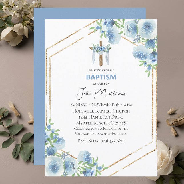  Baptism Blue Floral Draped Cross Boys Invitation (Creator Uploaded)