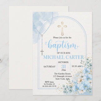 Baptism Blue Floral Rosary Arch Invitation