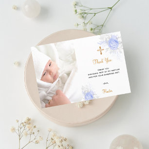 Baptism blue florals custom photo gold boy thank you card