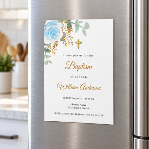 Baptism blue florals gold boy magnetic invitation