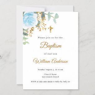Baptism blue florals gold boy magnetic invitation