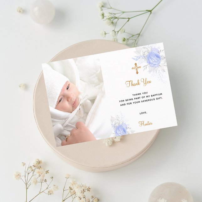 Baptism blue florals photo gold boy thank you card (Creator Uploaded)