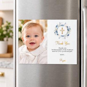 Baptism blue florals photo magnetic Thank You Card