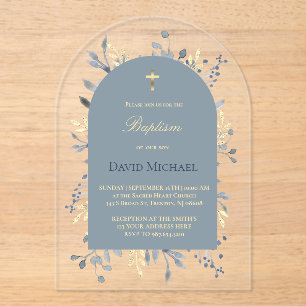 Baptism blue foliage blue arch acrylic invitation