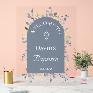Baptism blue foliage clear welcome sign