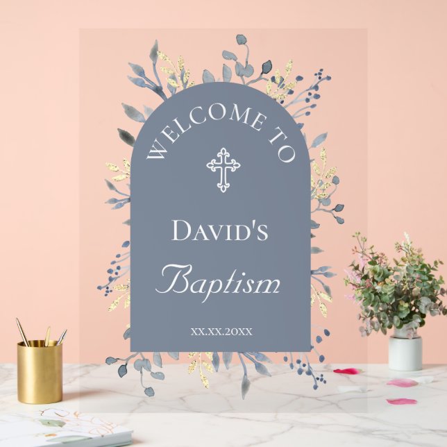 Baptism blue foliage clear welcome sign (Wedding)