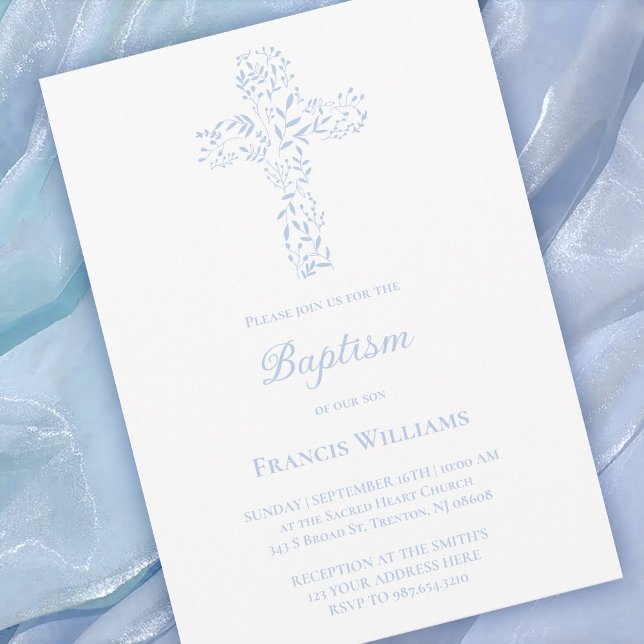 Baptism blue foliage cross  invitation (Creator Uploaded)