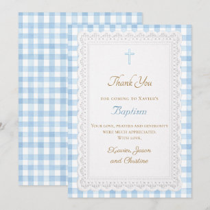 Baptism blue gingham thank you card