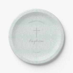 Baptism Blue Opal Delicate Floral Lace Paper Plate