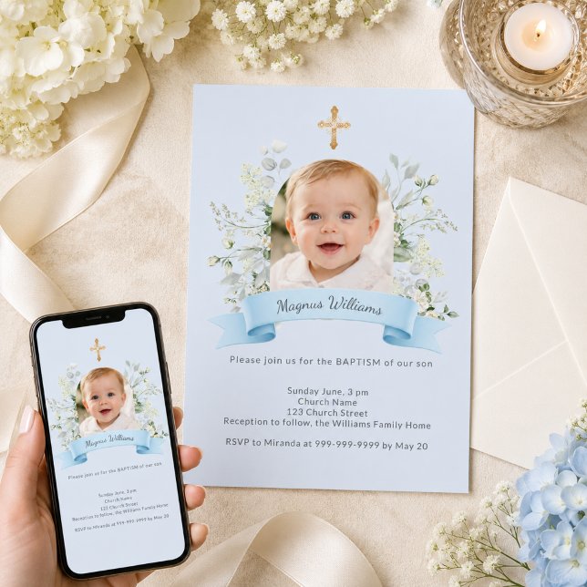 Baptism Blue Photo Arch Boy White Florals Invitation (Creator Uploaded)