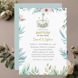 Baptism Blue Pink Floral Cross Twins Invitation