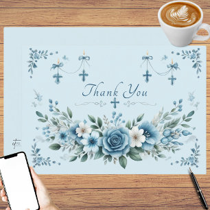  Baptism Blue Religious Cross Boys Thank You  Card