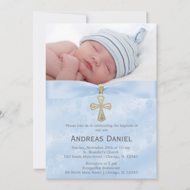 Baptism Blue Roses with photo Invitation (Front)