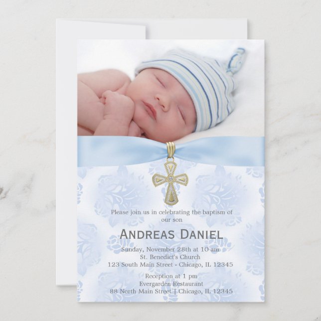 Baptism Blue Roses with photo Invitation (Front)