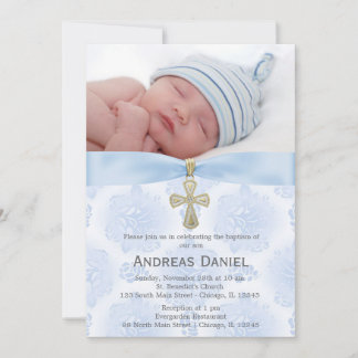 Baptism Blue Roses with photo Invitation