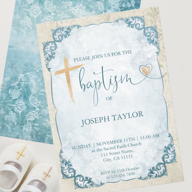 Baptism Blue Rustic Gold Cross Christening Invitation (Creator Uploaded)