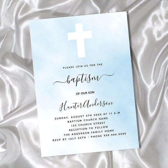 Baptism blue sky boy cross simple elegant invitation (Creator Uploaded)