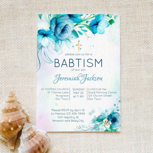 Baptism blue teal green flowers boy christening invitation (Creator Uploaded)