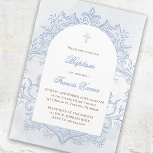 Baptism blue watercolor crest design invitation