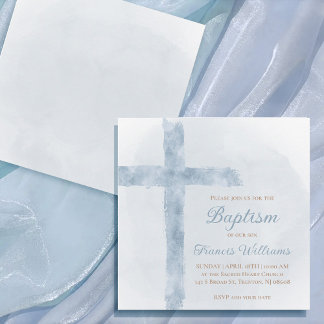 Baptism blue watercolor cross invitation