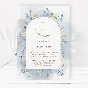 Baptism blue watercolor foliage  invitation