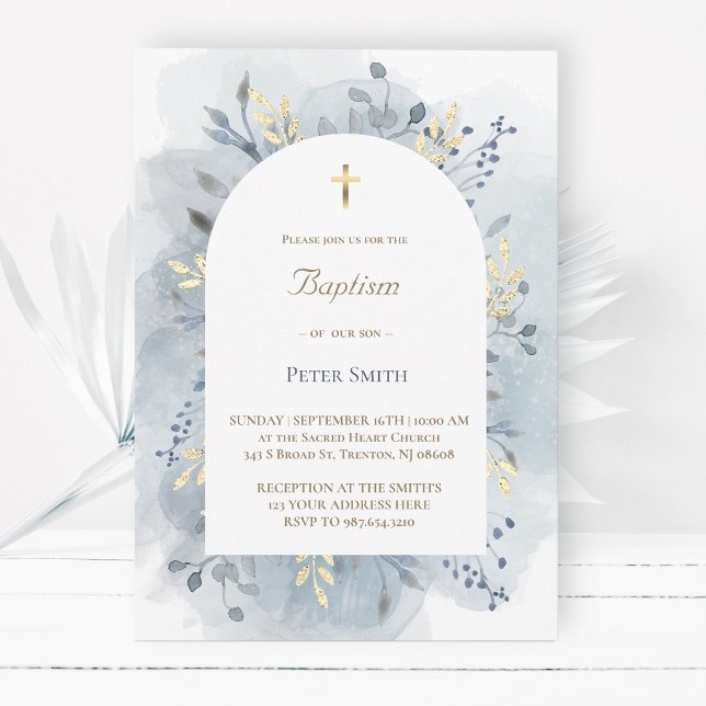 Baptism blue watercolor foliage  invitation (Creator Uploaded)
