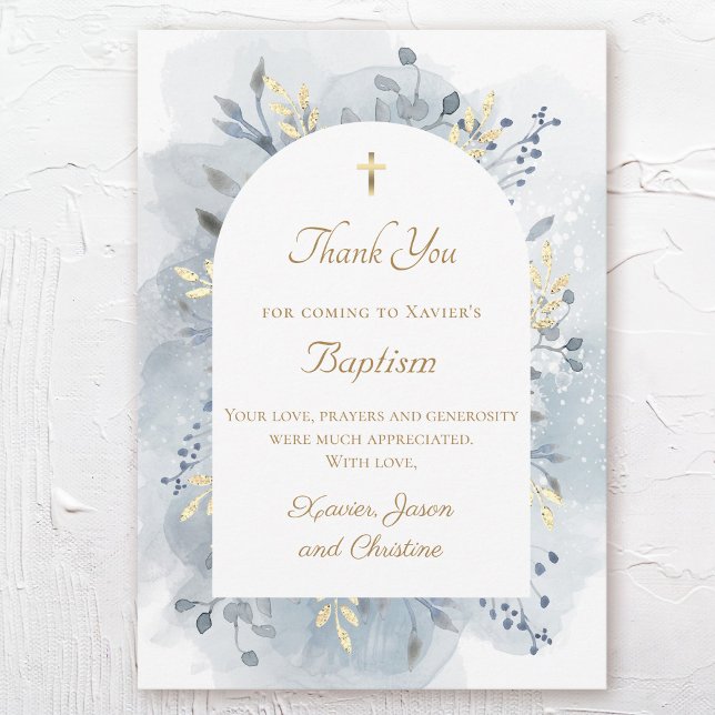 Baptism blue watercolor foliage thank you card (Creator Uploaded)
