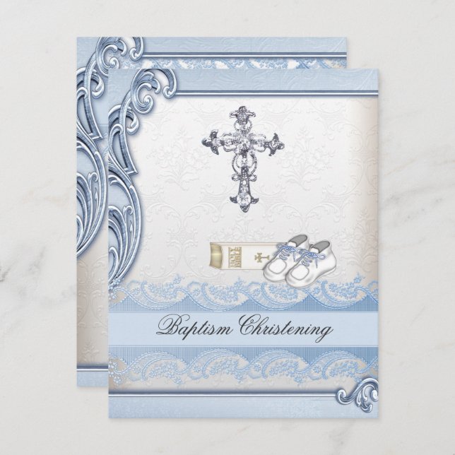 Baptism Blue White Cross Boy Damask christening Invitation (Front/Back)