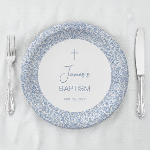 Baptism Blue White Floral Pattern Boy Christening  Paper Plate