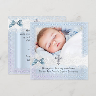 Baptism Blue White Lace Photo Jewel Cross Boy 2 Invitation
