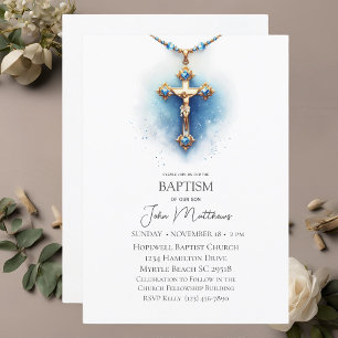 Baptism Blue White Religious Cross Boys Invitation