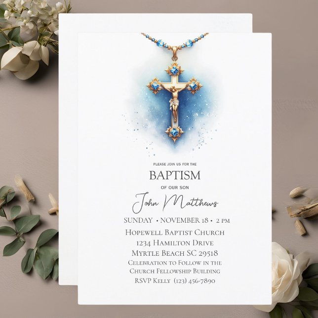 Baptism Blue White Religious Cross Boys Invitation (Creator Uploaded)