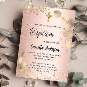 Baptism blush eucalyptus gold glitter invitation postcard