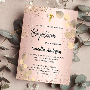 Baptism blush eucalyptus gold glitter invitation postcard