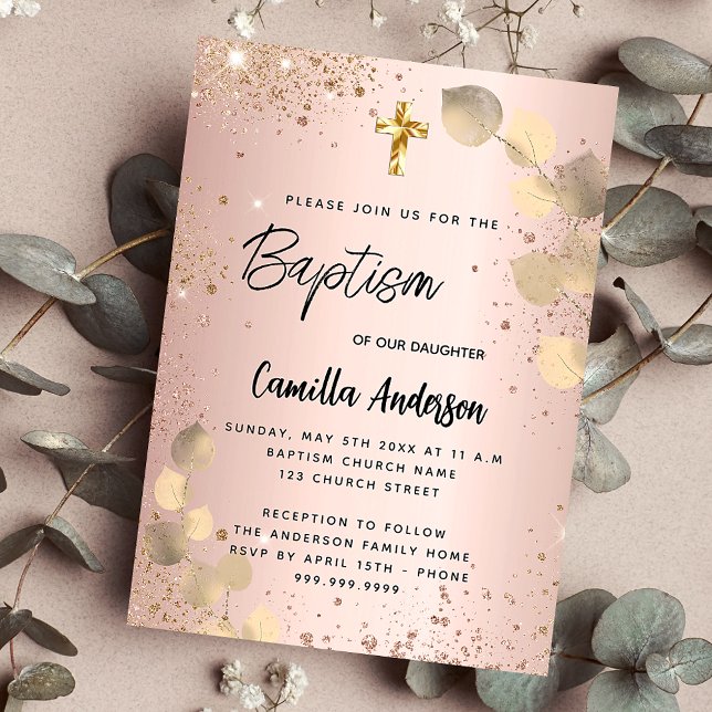 Baptism blush eucalyptus gold glitter invitation postcard (Creator Uploaded)