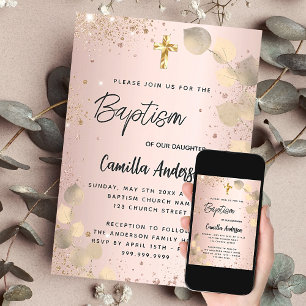 Baptism blush eucalyptus golf glitter invitation