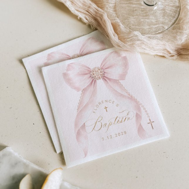 Baptism Blush Pink Bow Pearls Napkin (Creator Uploaded)