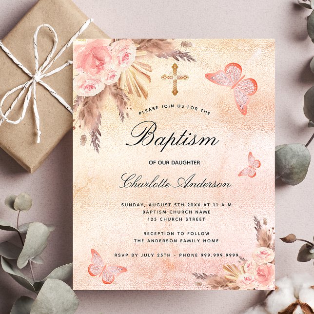 Baptism blush pink butterfly pampas invitation (Creator Uploaded)