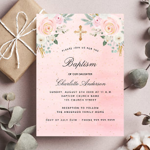 Baptism blush pink floral girl elegant invitation