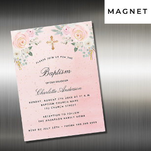 Baptism blush pink floral girl luxury magnetic invitation