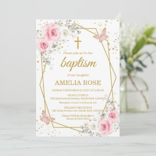 Baptism blush pink florals butterfly girl  invitation